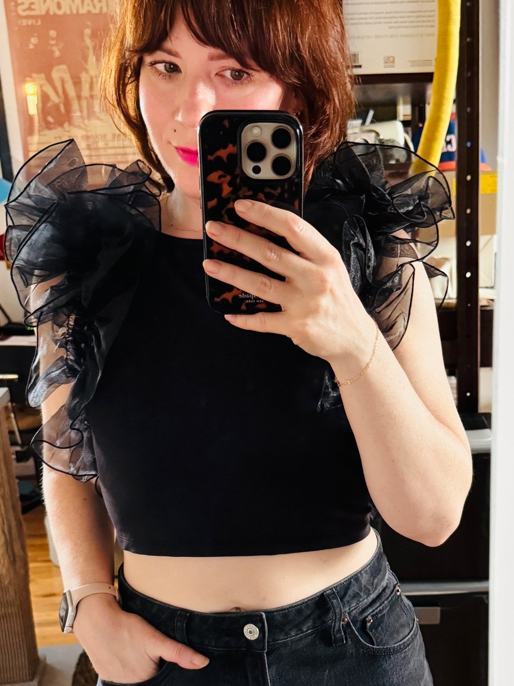 Free People Black Ruffled Organza Shoulder House Party Crop Top Open Back - Picture 3 of 9
